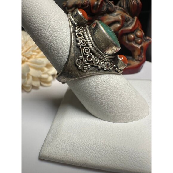 VTG Sterling Silver Red Coral Turquoise Ring - Picture 2 of 6